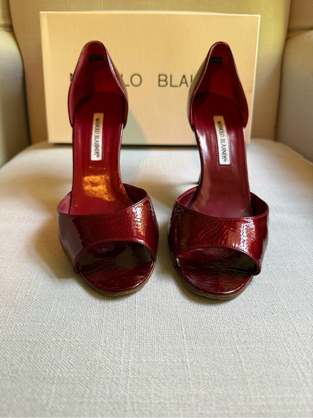 Manolo Blahnik Open Toe Dorsay Pumps in  Bordo Patent Leather 38.5